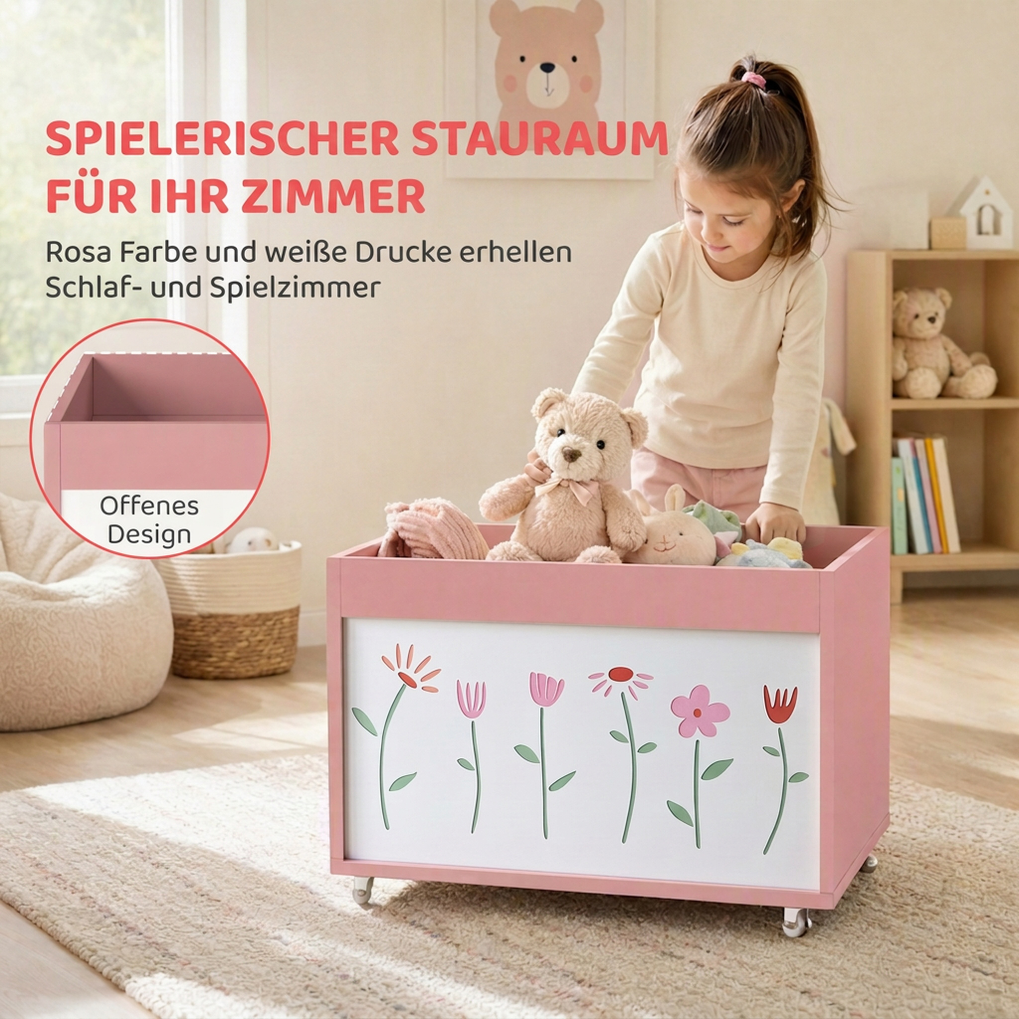Spielzeugkiste, Aufbewahrungsbox mit Rollen Bremsen, 34,5 L offene Spielzeugtruhe mit Blumenmuster, 50 x 30 x 33,5 cm
