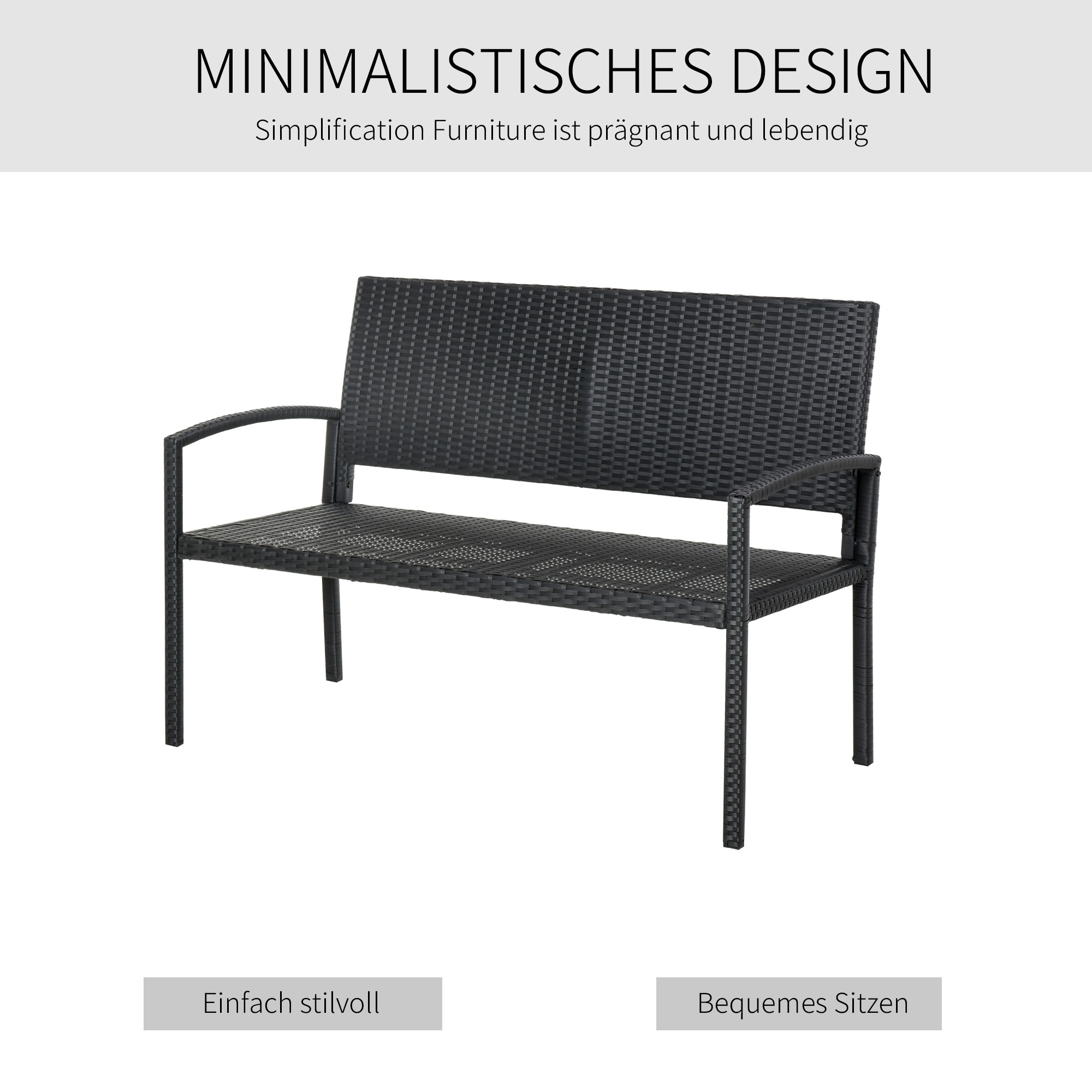 Gartenbank, in Rattanoptik, mit Stahlrahmen, für 2 Personen, Schwarz, 122 x 60 x 85cm