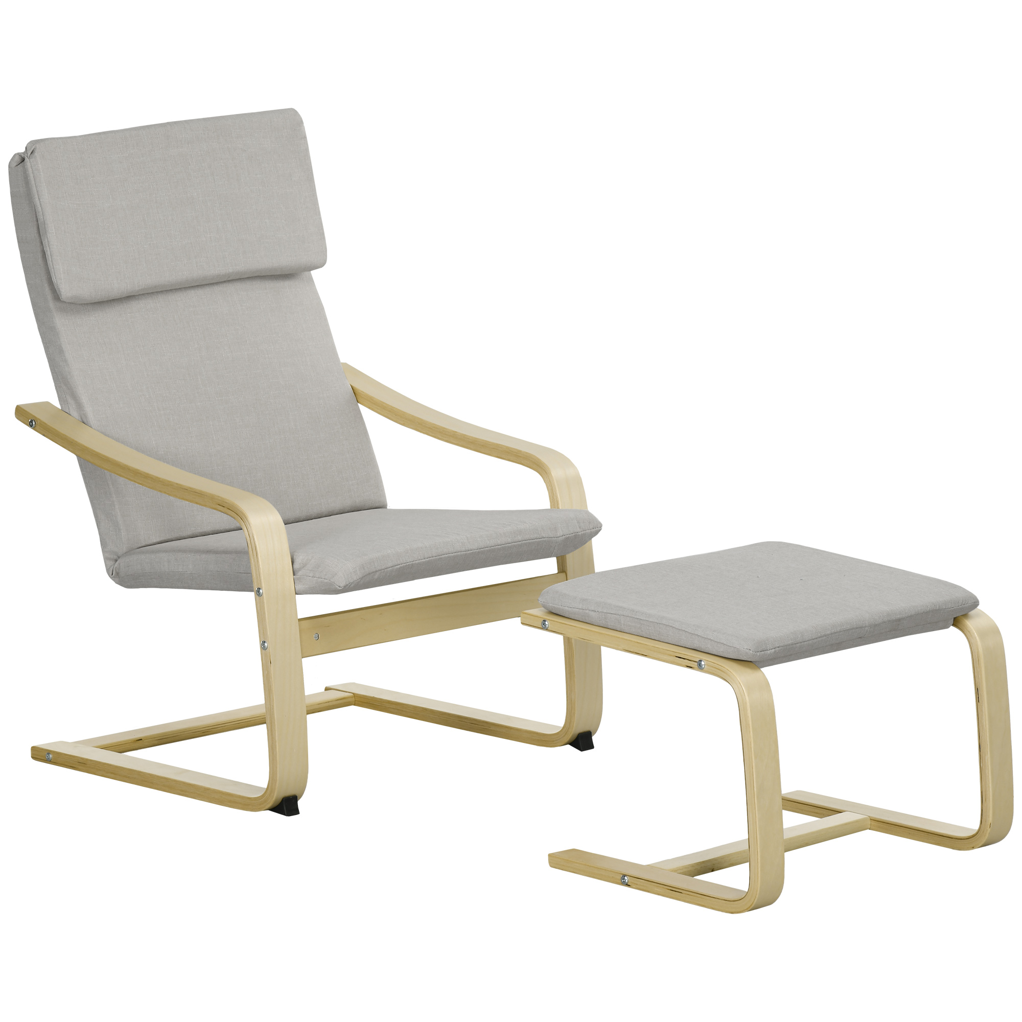 Loungesessel mit Hocker, Bezug in Leinenoptik, Holzrahmen, bis 120 kg, Hellgrau/Natur