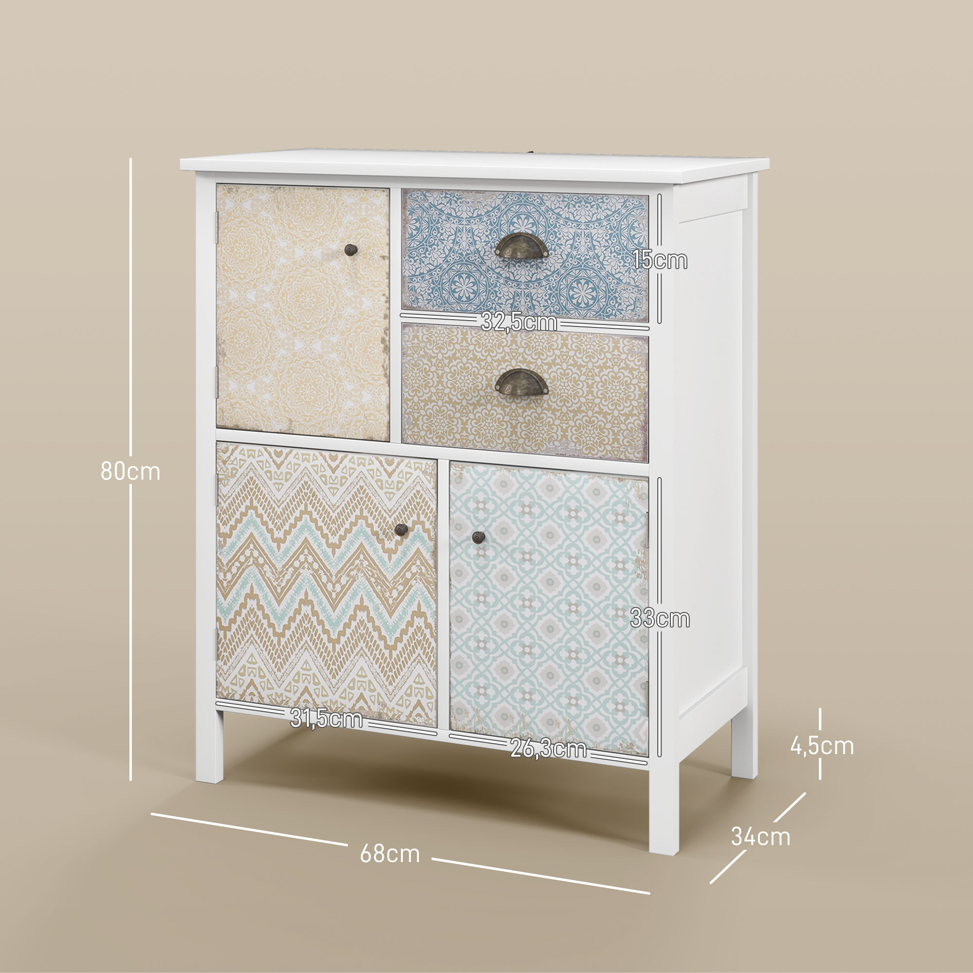 Sideboard, Shabby Chic Kommode, 2 Schubladen, 3 Schrankfächer, Kiefernholz, 68x34x80cm, Weiß
