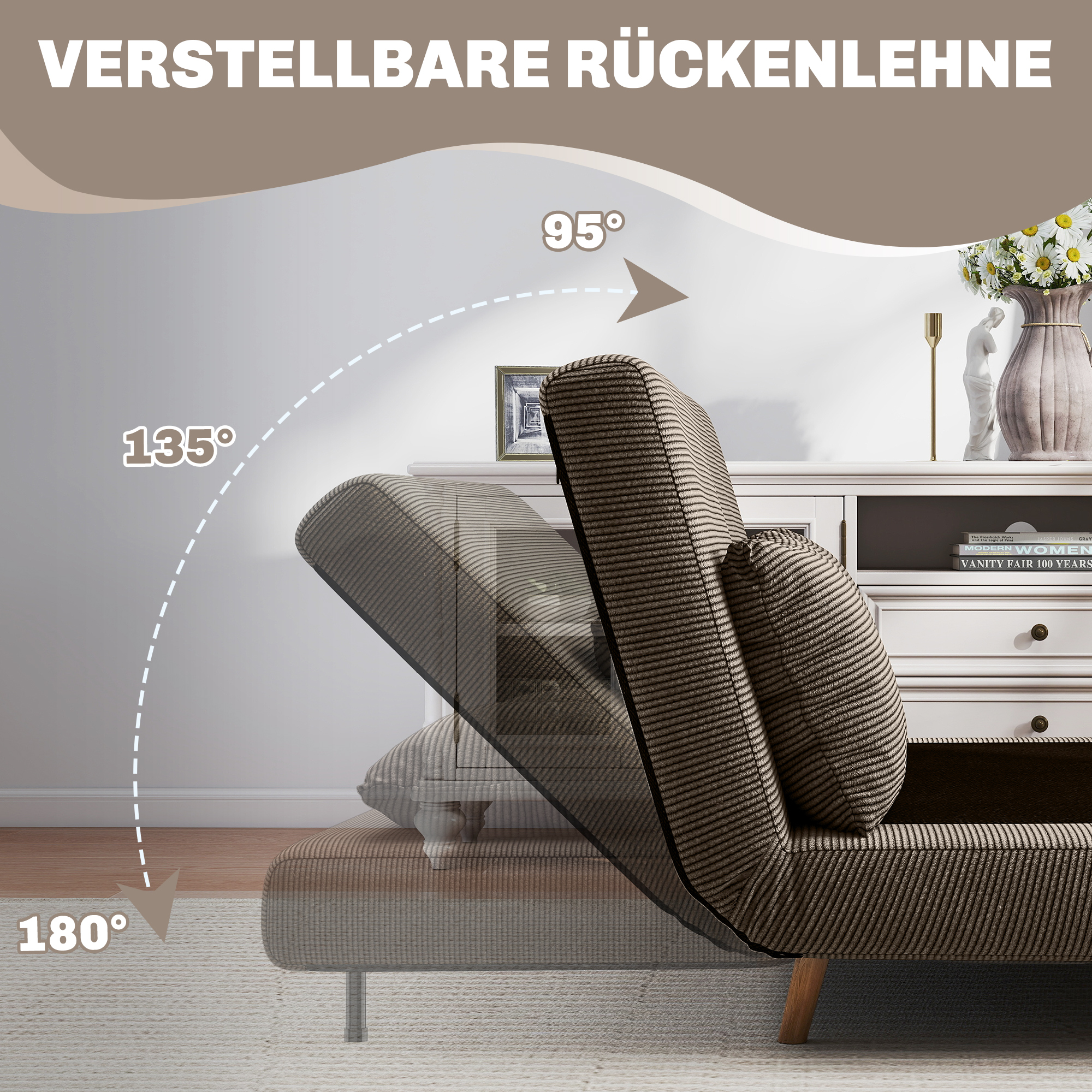 Schlafsofa, Gästebett, 3-fach verstellbare Rückenlehne, Kordoptik, bis 120 kg, 141 x 90 x 81 cm, Dunkelbraun
