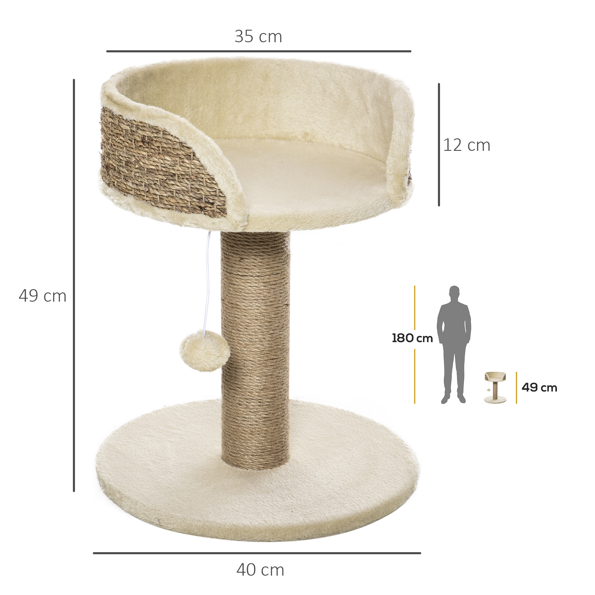 Kratzbaum Katzenbett Katzenkorb, inkl. Spielball, 40 cm x 40  cm x 49cm, Natur + Cremeweiß