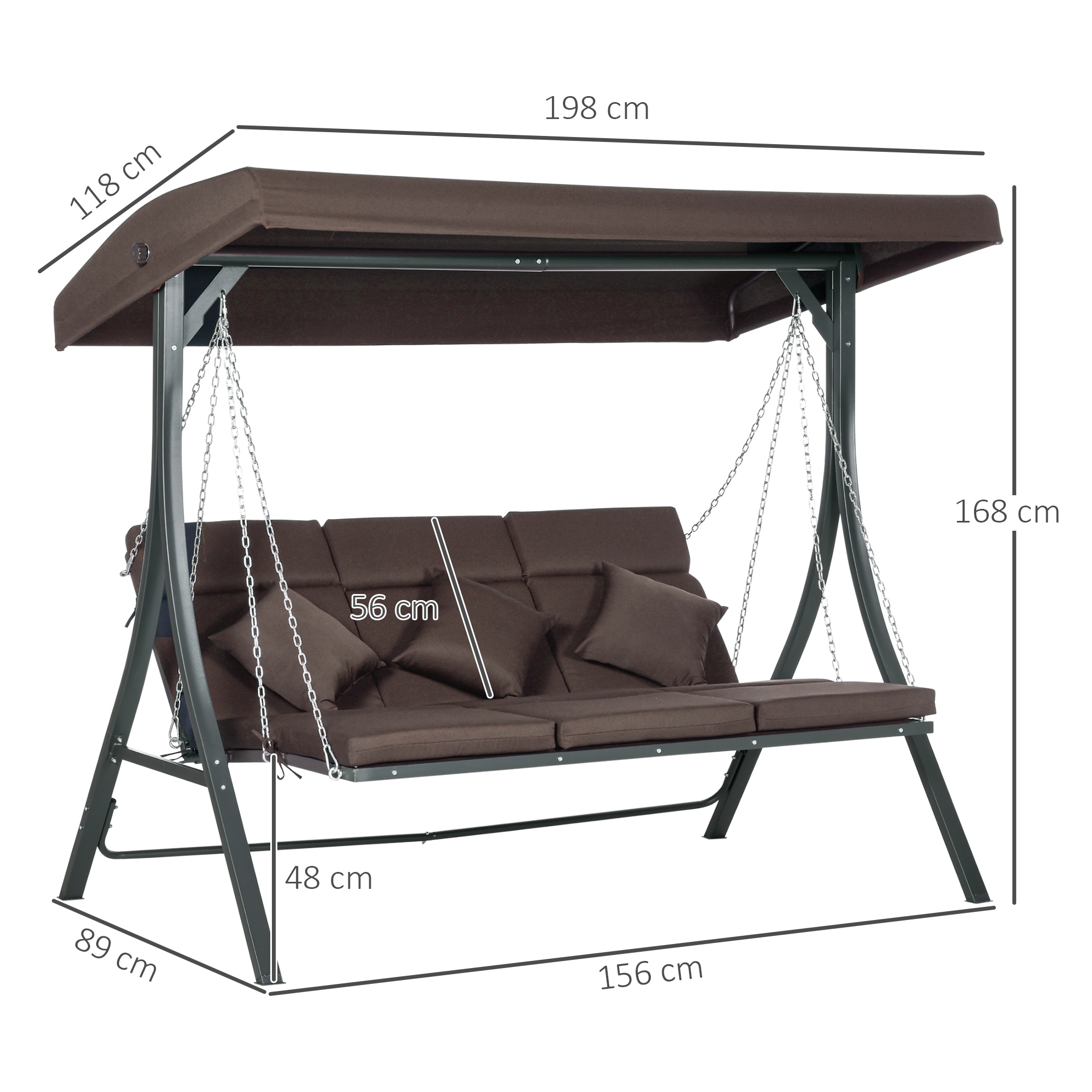 Hollywoodschaukel, für 3 Personen, verstellbares Sonnendach, bis 270 kg, braun, 198 x 118 x 168 cm