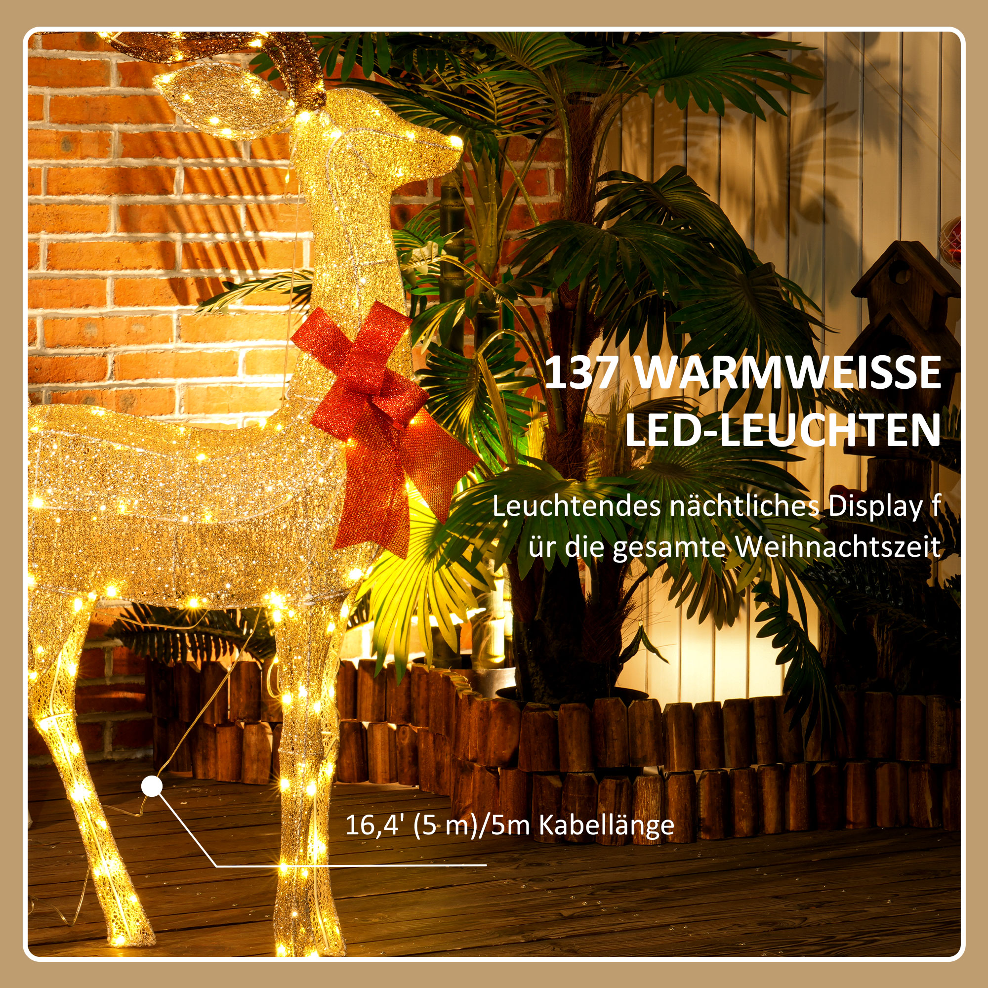 Rentier mit roter Schleife, 137 LEDs, Weihnachtsbeleuchtung, wetterfest, 66 x 25 x 135 cm, Gold