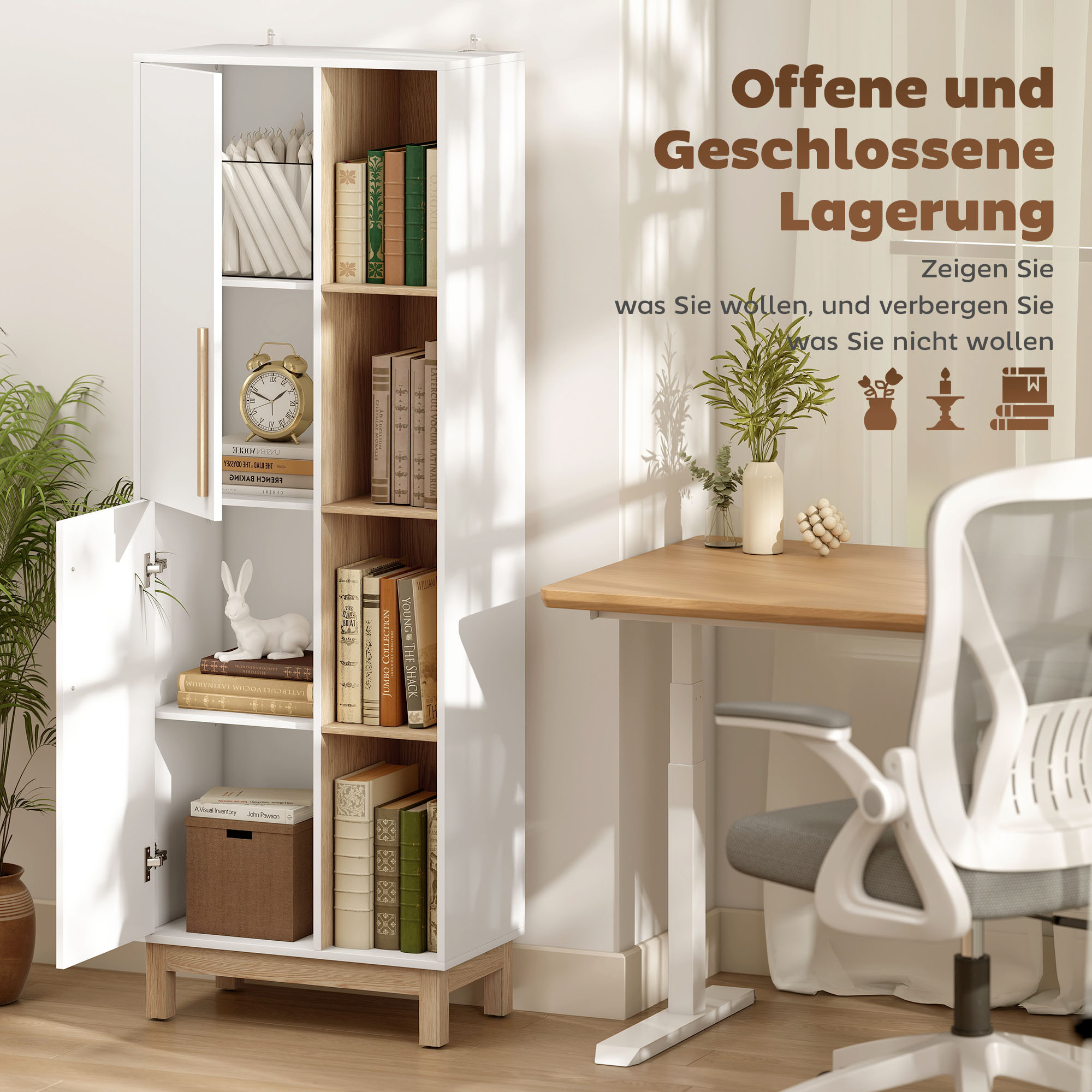 176 cm großes Bücherregal, 4 offene Regale, 2 Schränke, freistehender Bücherschrank, MDF, Weiß