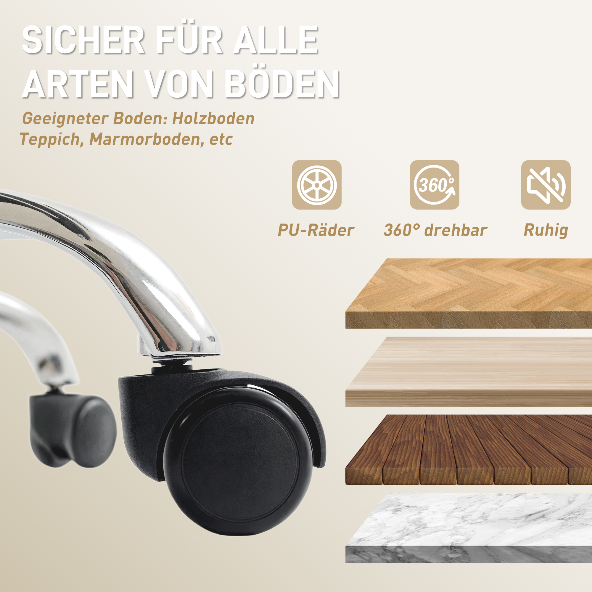 ergonomischer Bürostuhl mit Fußstütze, Kunstleder-Bezug, rollbar, drehbar, Metall, Beige+Schwarz