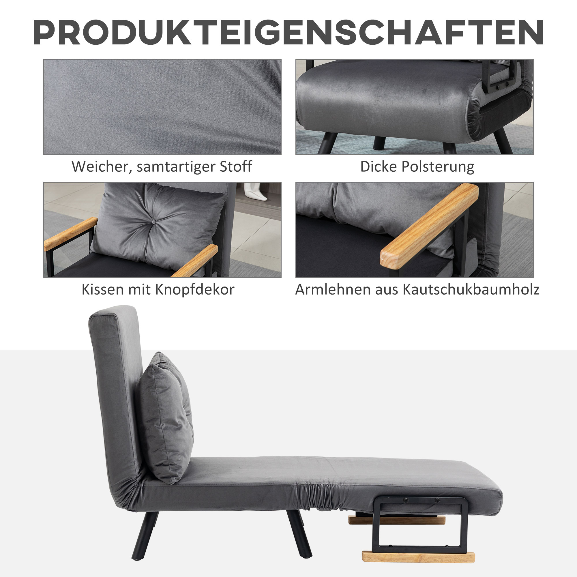 Relaxsessel im Skandidesign, Liegesessel, Lesesessel. ink. Kissen mit Knopfhefung, Schwarz + Natur