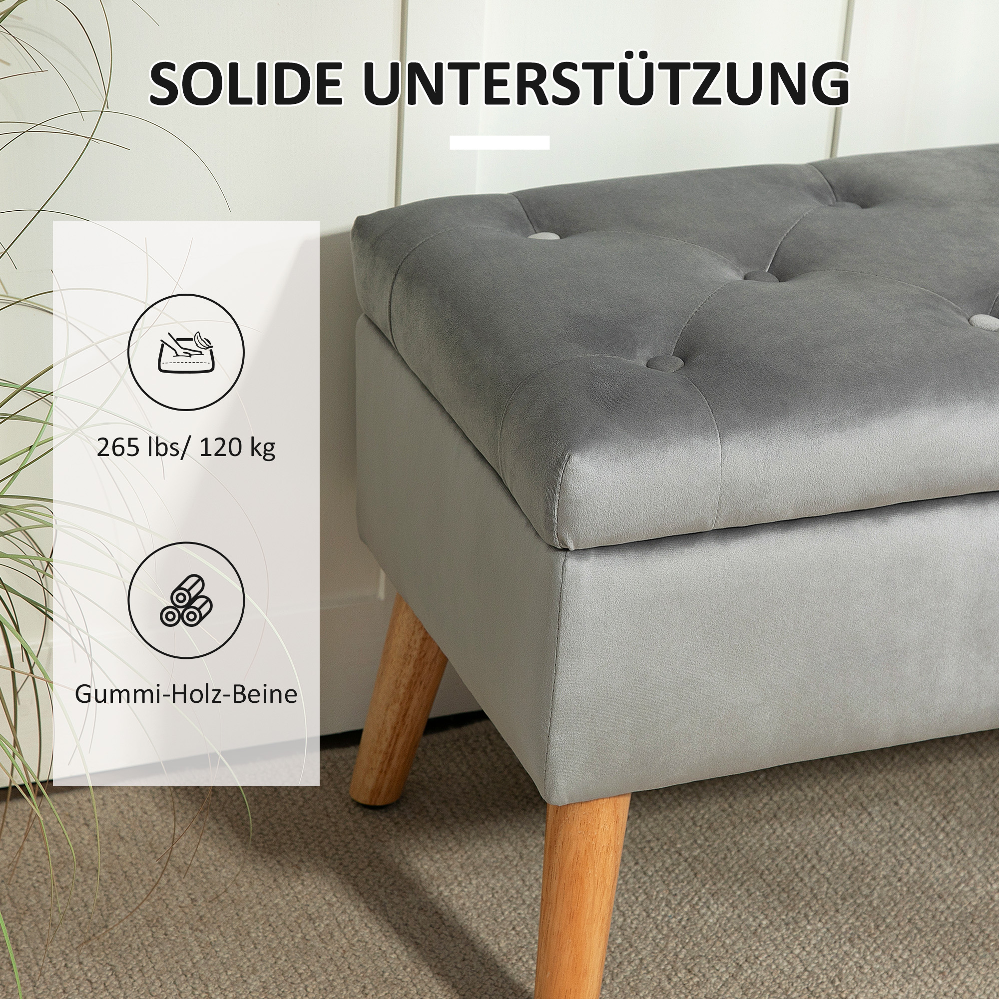 Polsterbank mit Stauraum, Stoffbezug in Samtoptik, Holzbeine, für Wohnzimmer, Schlafzimmer, Flur, 80 x 35 x 42 cm, Grau