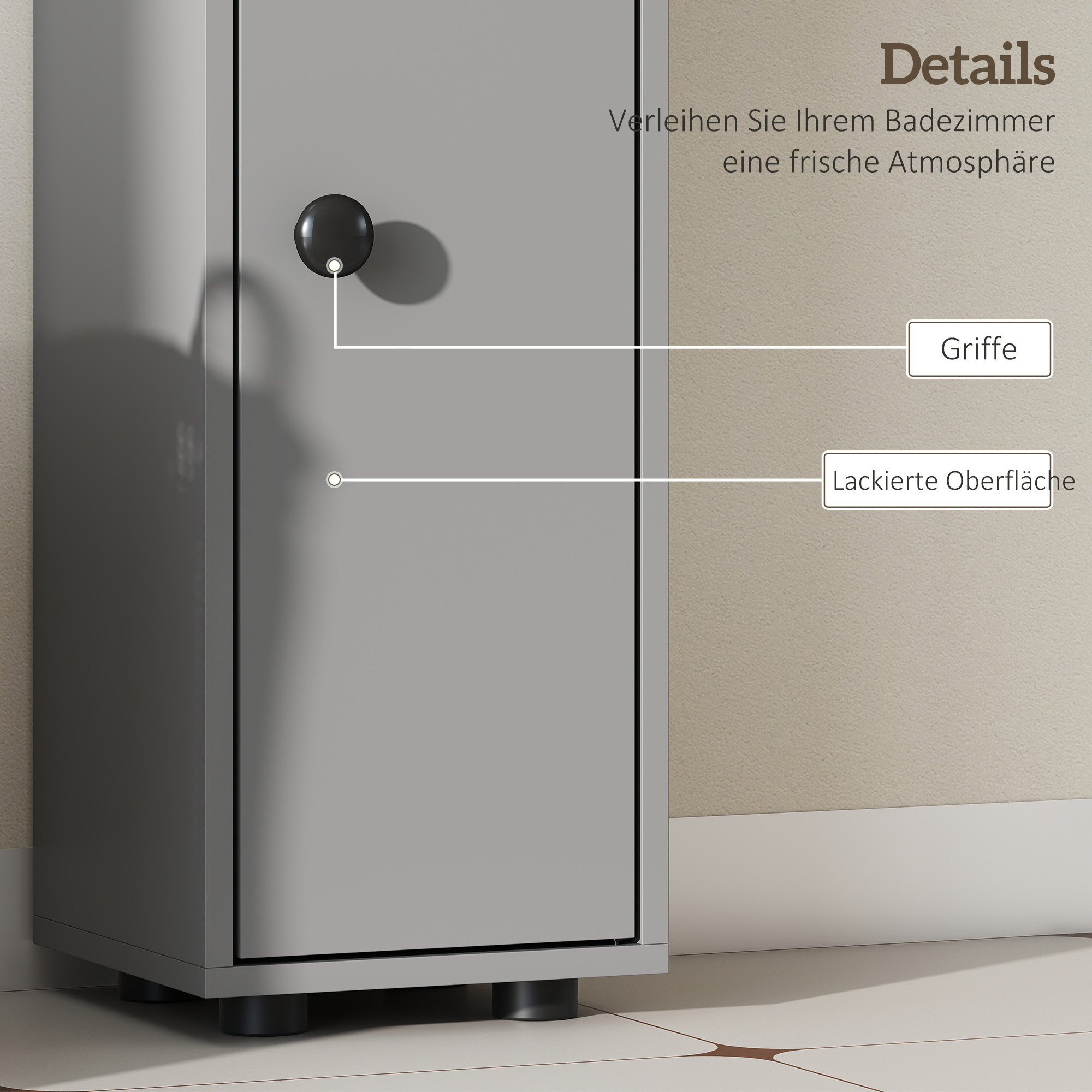 Badezimmerschrank, 4 Regale, Schublade, Spanplatte, schlankes Design, Grau