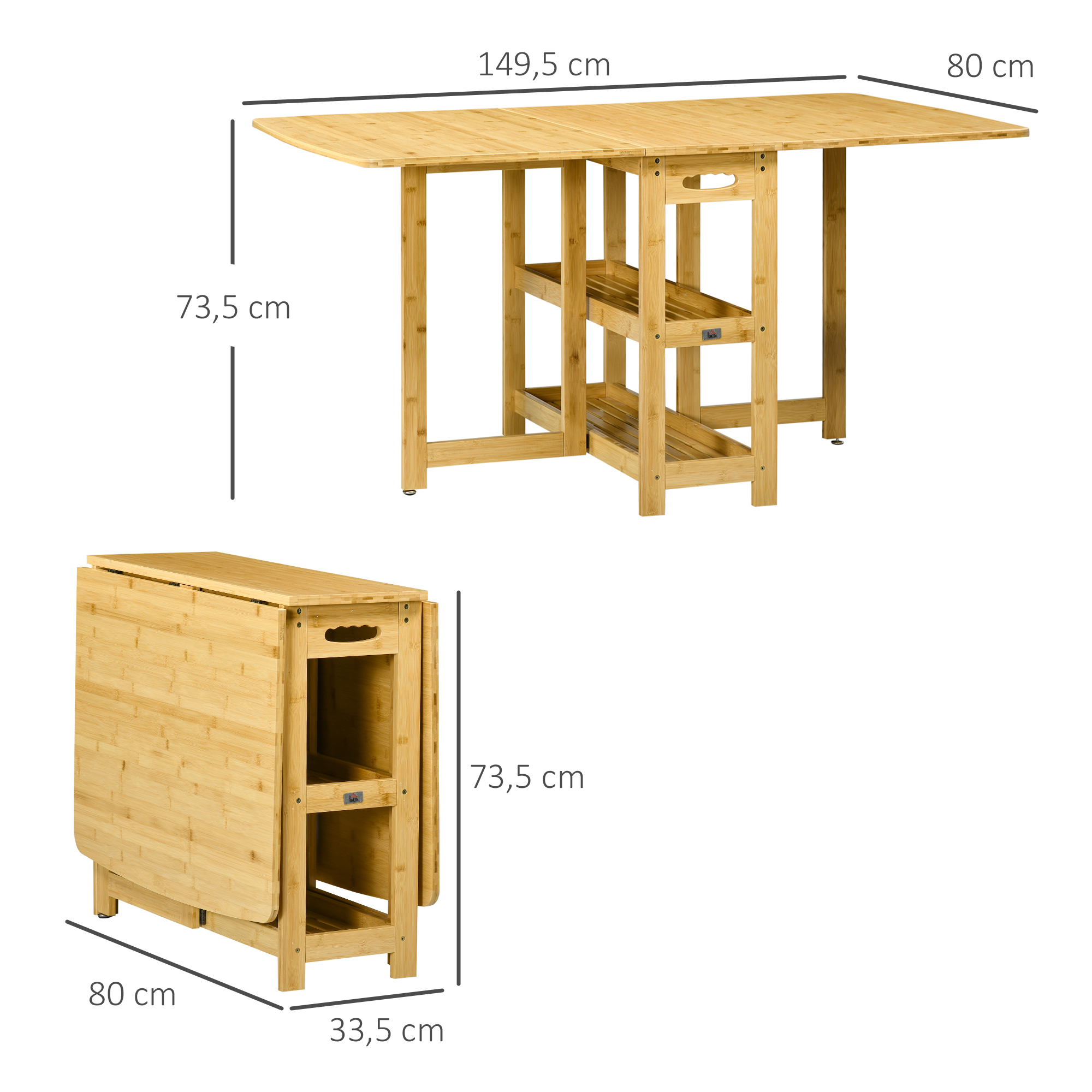 Klapptisch, Esstisch, zwei klappbare Seiten, zwei Ablagen, verstellbare Füße, Bambus, 149,5 x 80 x 73,5cm