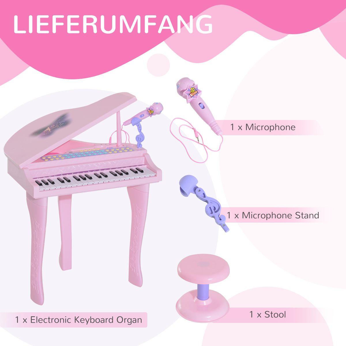 Keyboard Kinder mit 37 Tasten, Hocker Klavier mit Mikrofon, LED-Lehrmodus, Aufnahme, Piano Musikinstrument für 3-6 Jahre Kinder Rosa