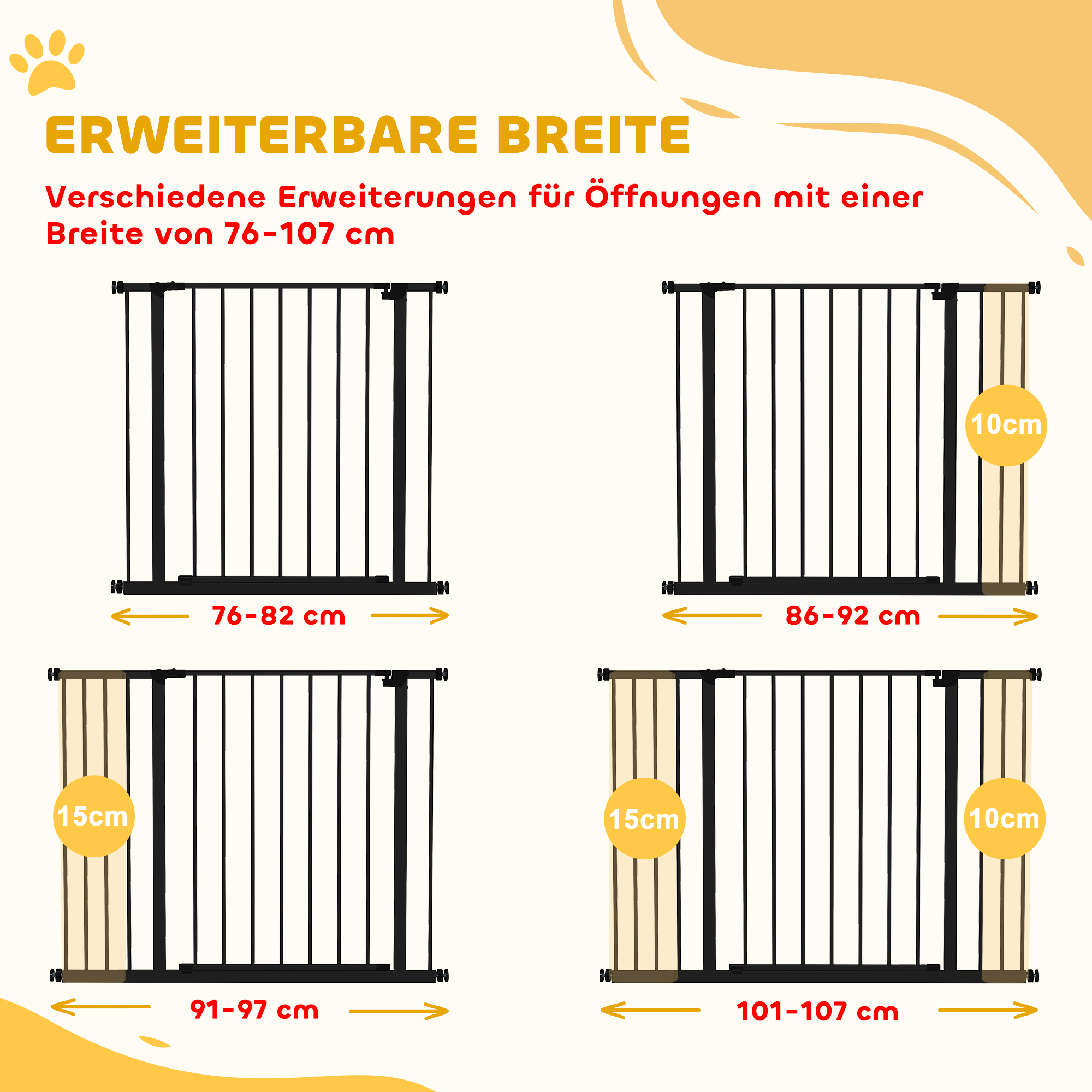 Hunde-Absperrgitter, erweiterbar, Klemmmontage, Stahl, 76-107 x 76 cm, Schwarz
