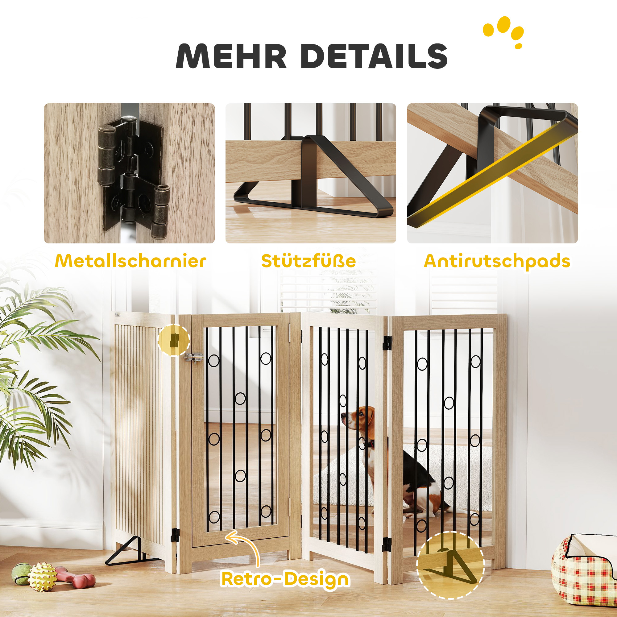 Freistehendes Haustiertor, Hundegitter mit Tür, 4 Paneele, für Flur, Treppe, Türrahmen, MDF, Stahl