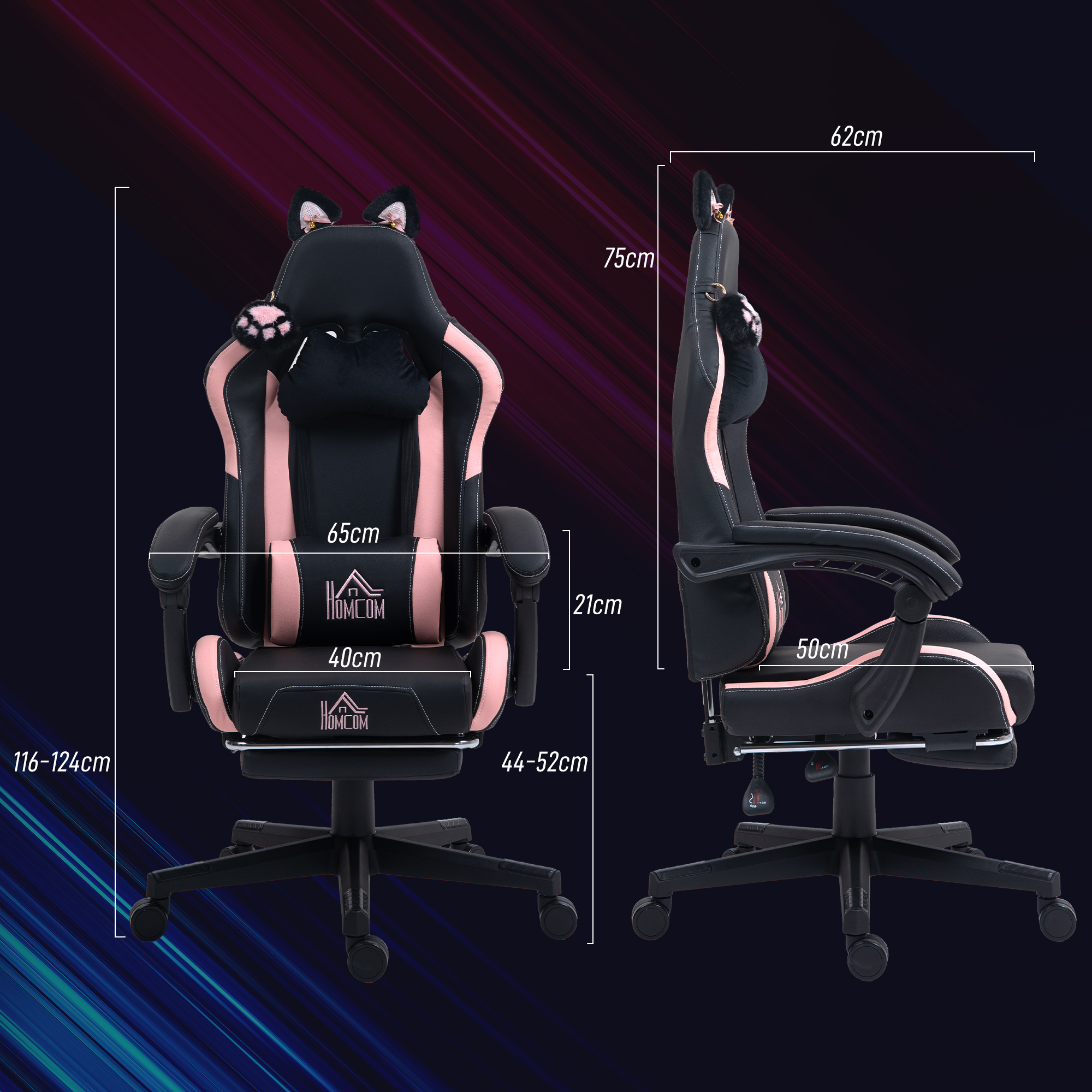 Gaming-Sessel mit Katzenohren, neigbare Lehne, ausziehbare Fußstütze, bis 120 kg, Rosa/Schwarz