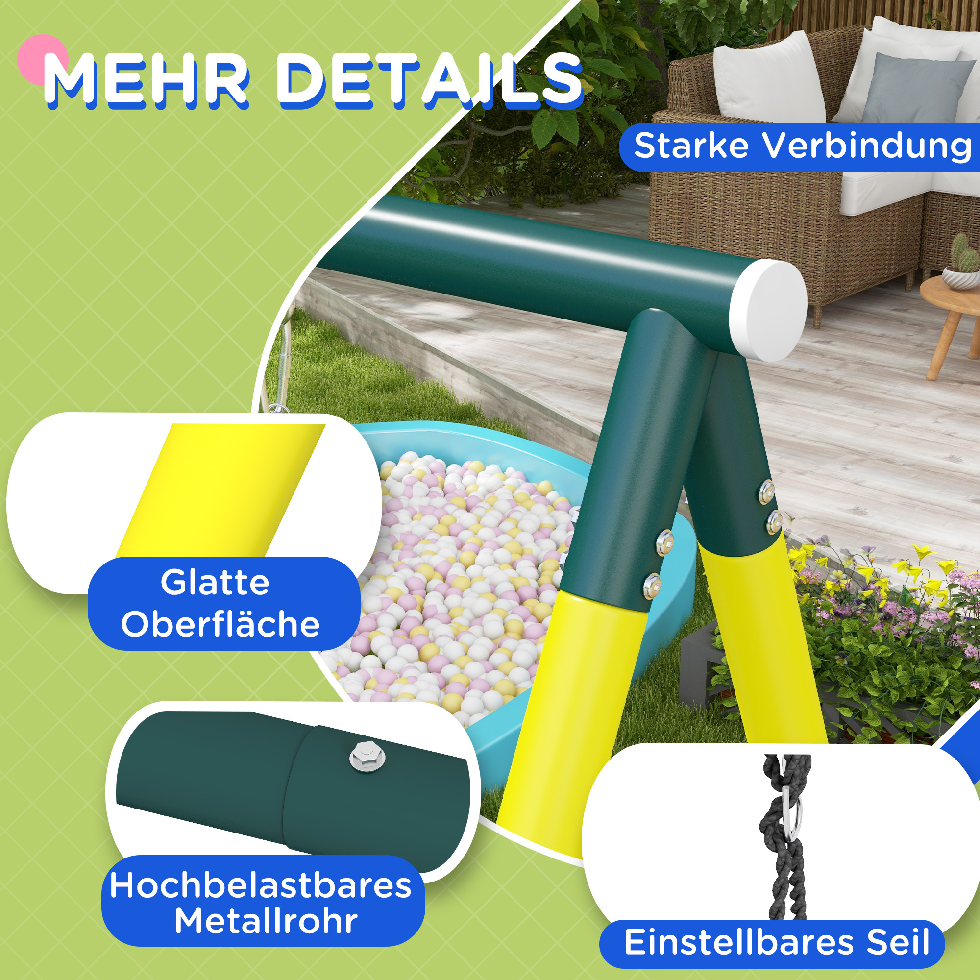 Kinderschaukel-Gerüst mit 2 Schaukeln, Basketballkorb, Kletterleiter, 267x180x202 cm, Gelb