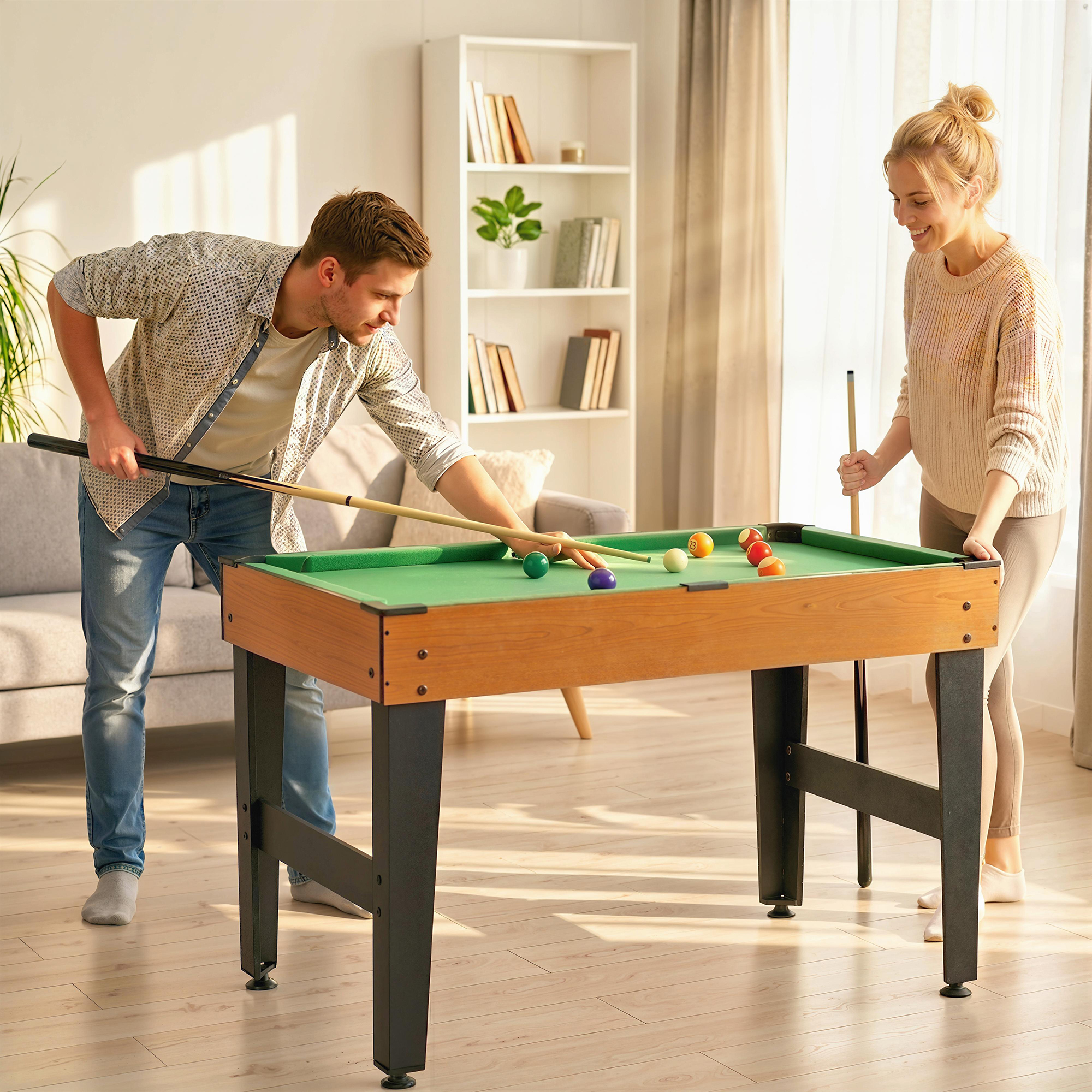 4-in-1 Partyspieltisch inkl. Tischtennis, Kicker, Billard, Tischhockey, Metall, Holz, Natur+Schwarz