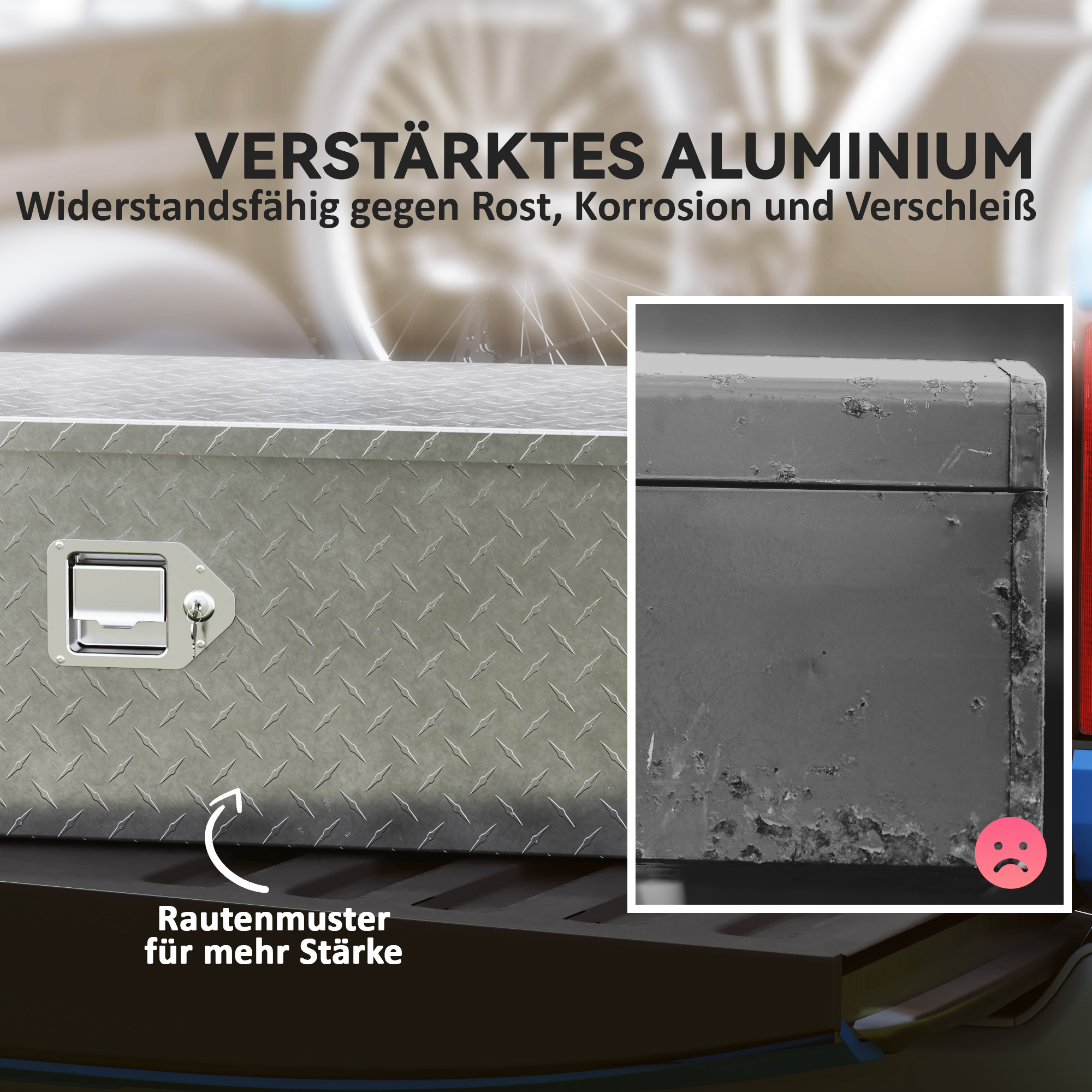 Stabile Aufbewahrungskiste aus Aluminium mit Seitengriffen, Schloss und Schlüsseln, Werkzeugkasten, 99 x 33 x 25,5 cm