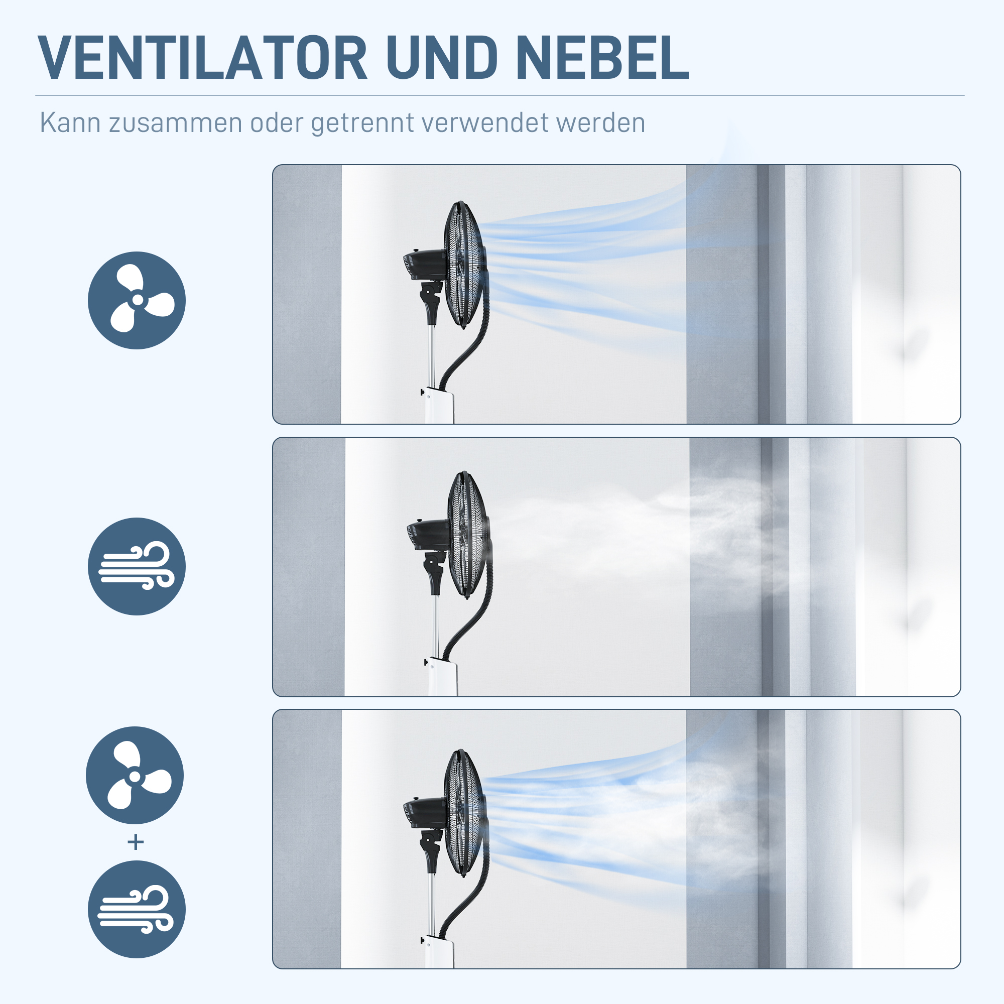 Standventilator mit Luftbefeuchtung, leise, mobil, Fernsteuerung, Schwarz/Weiß