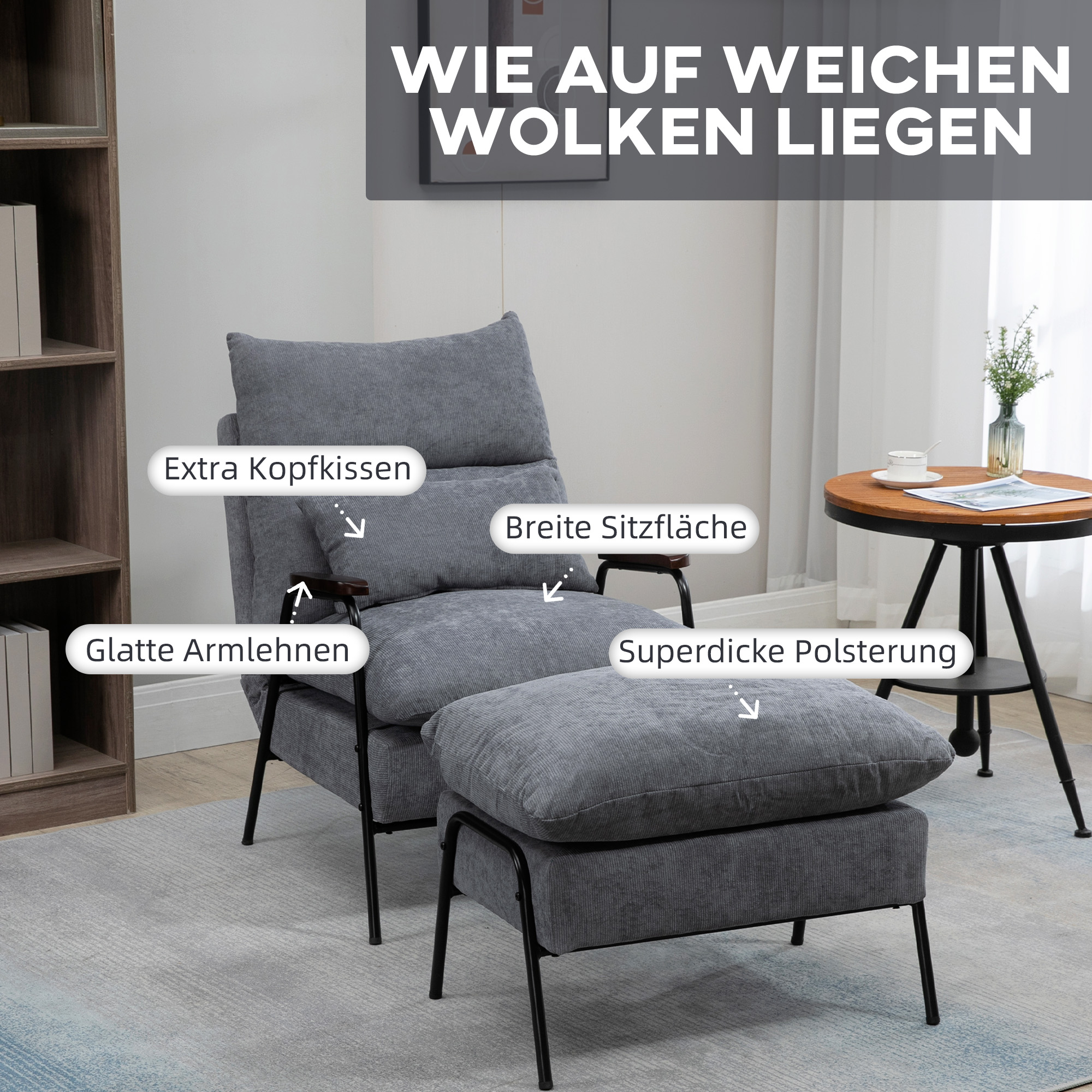 Sessel mit Ottomane Polstersessel Relaxsessel, inkl, Kissen, 68 cm x 91,5 cm x 88 cm, Hellgrau