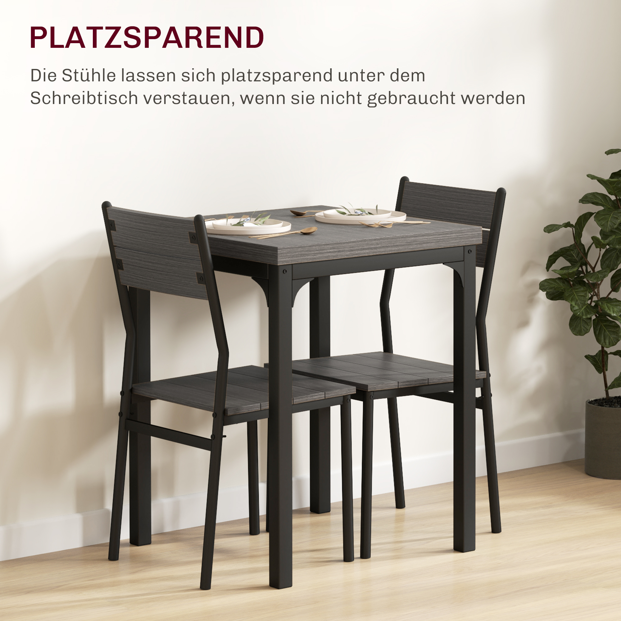 3-teilige Essgruppe, Esstisch-Set, 1 Tisch, 2 Stühle, MDF+Metall, Grau