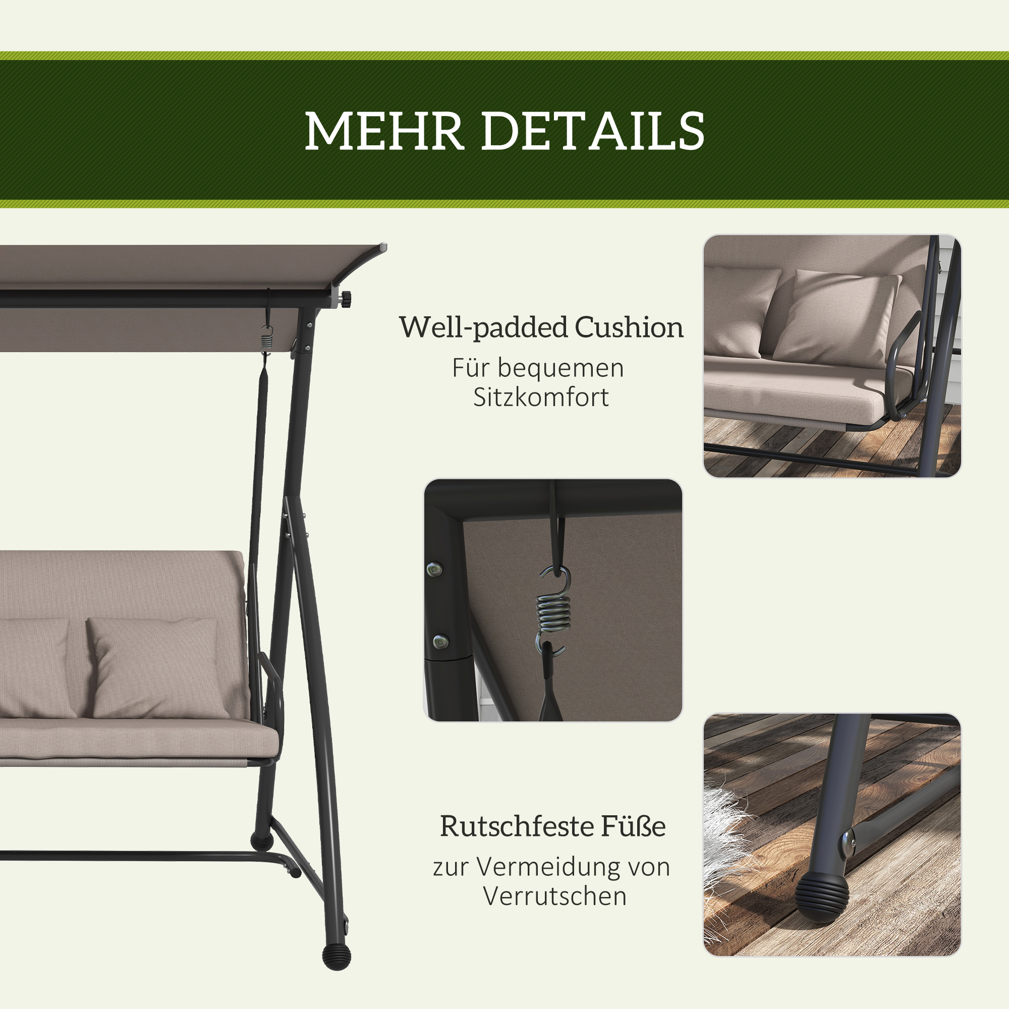 2 in 1 Hollywoodschaukel mit Liegefunktion, 3-Sitzer Gartenschaukel aus Stahl Schaukelbank 170x110x153cm, Hellbraun