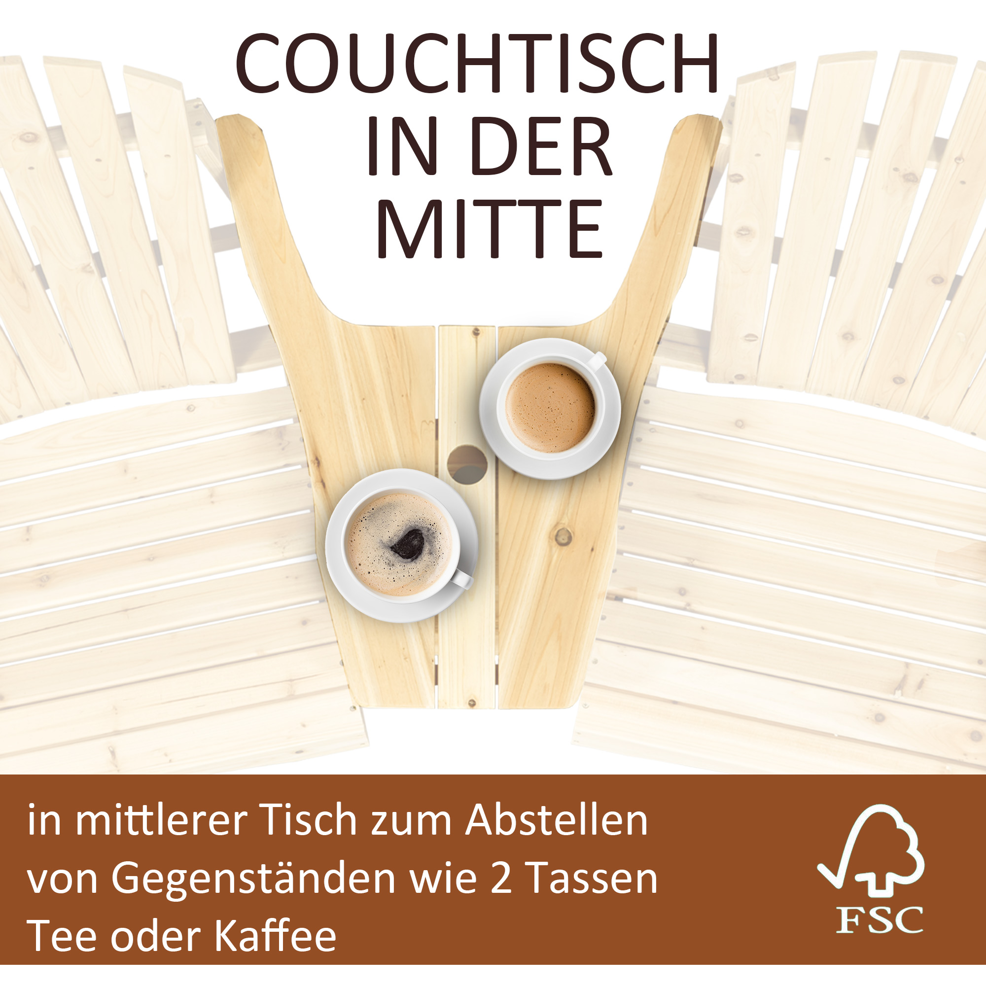 Adirondack Gartenstuhl mit Tisch und Schirmloch 2 Sitzer Gartensessel Sitzgruppe Gartenmöbel für Balkon Massivholz Natur 178 x 87 x 92 cm