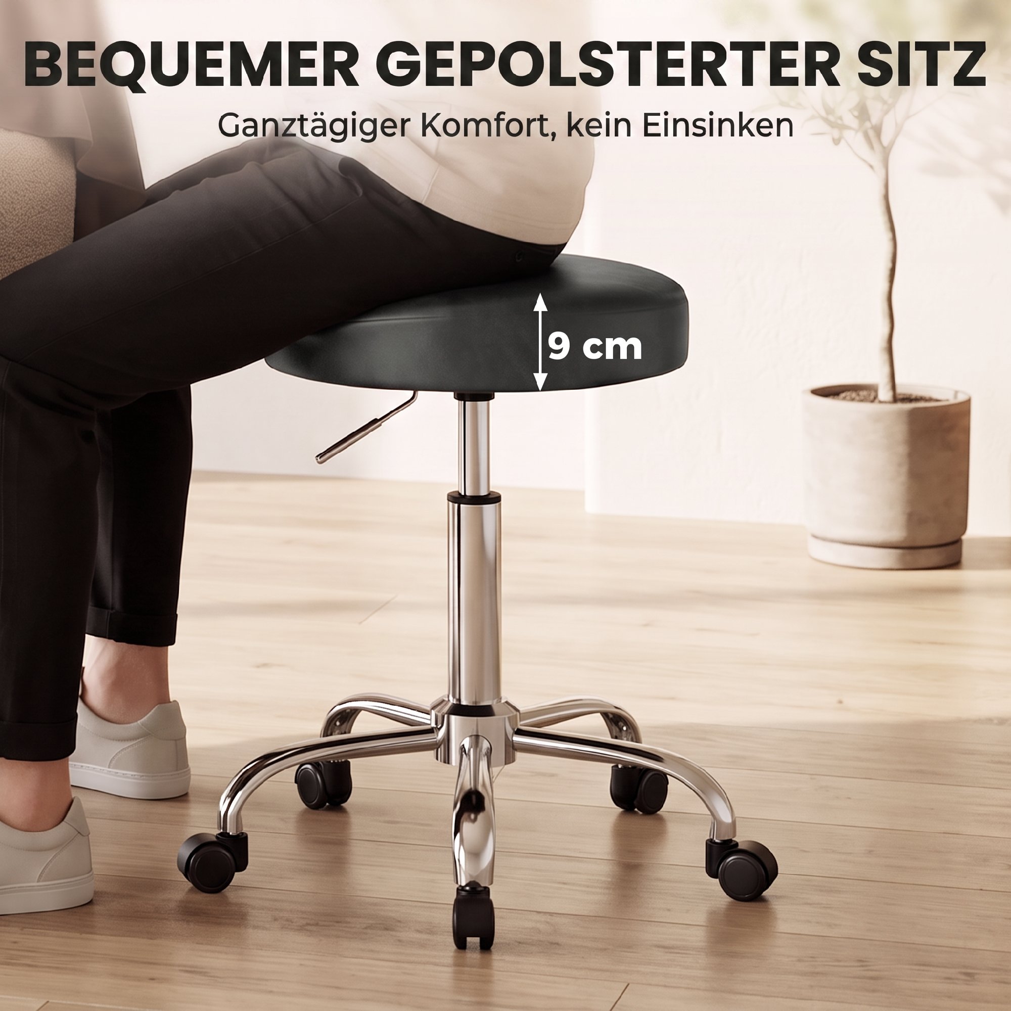 Rollhocker aus PU-Leder, höhenverstellbarer Salonhocker mit gepolsterter Sitzfläche, drehbarer Beautyhocker auf Rollen