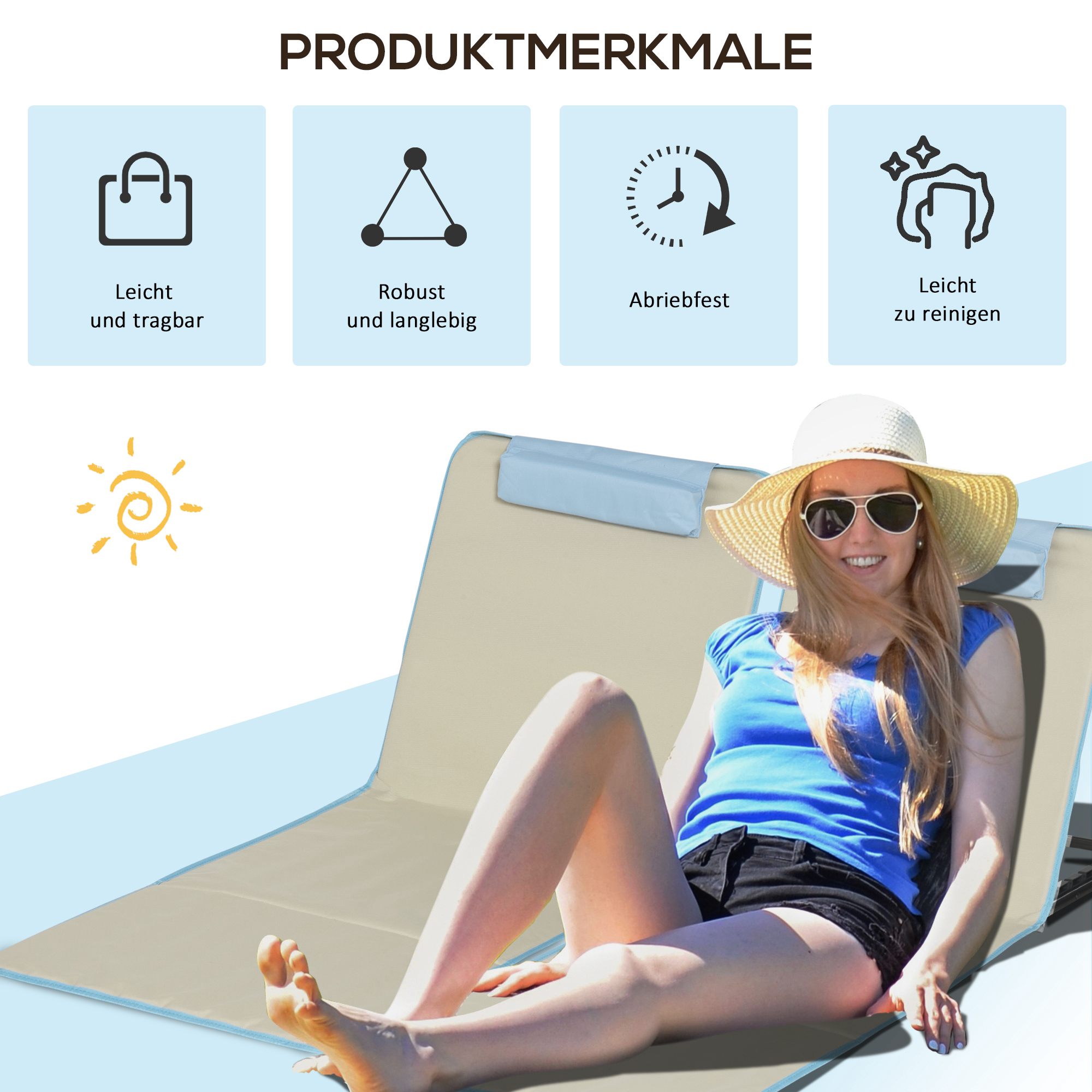 2er-Set Strandmatte, verstellbar, faltbar, 124L x 53B x 37-50H cm, Beige