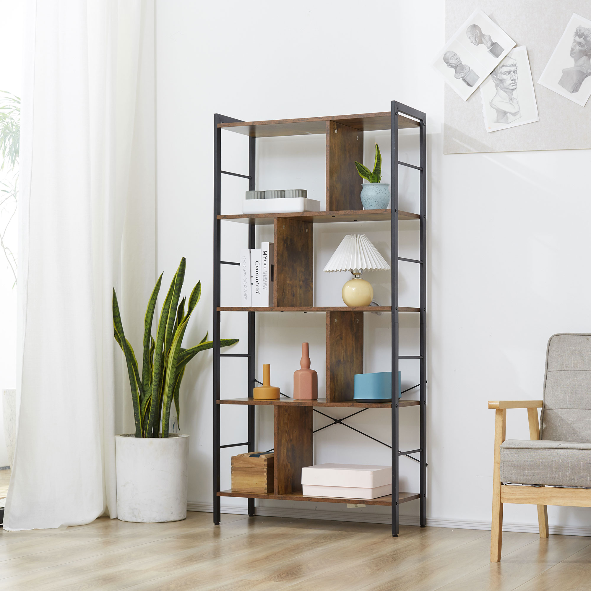 Bücherregal, Schmal Standregal Regal mit 5 Ebenen, Büroregal für Wohnzimmer, 77 x 30 x 157,5 cm, Rustikales Braun