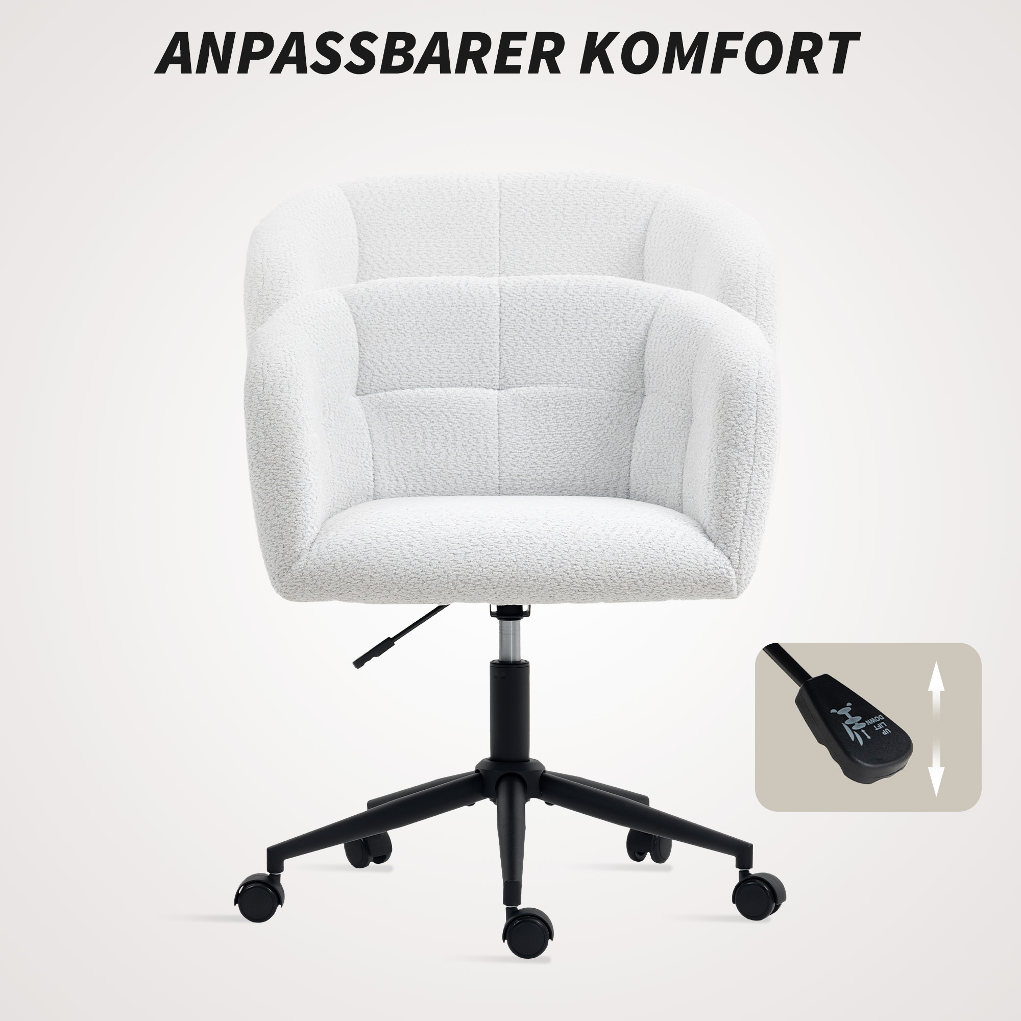 gepolsterter Bürostuhl mit Plüschbezug, Wannen-Design, rollbarer Schreibtischstuhl, Stahlbasis, Creme+Schwarz