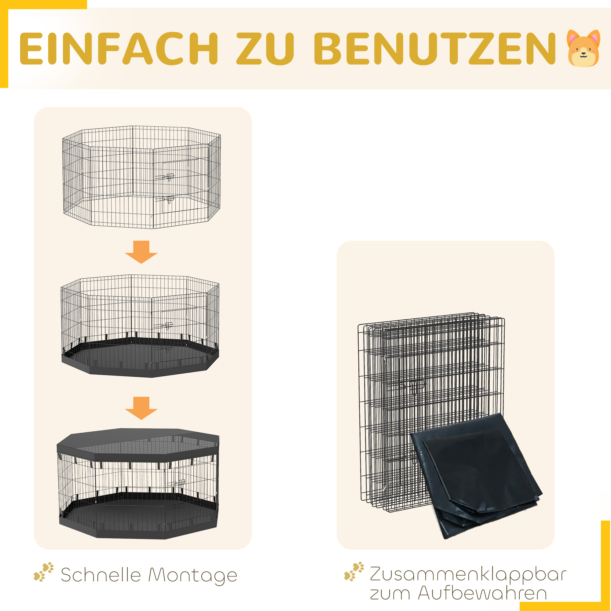 Welpenauslauf, 76 cm hoch/ca. 2,5 m², 8 Paneele, Bodenplane, Kombi-Dachplane