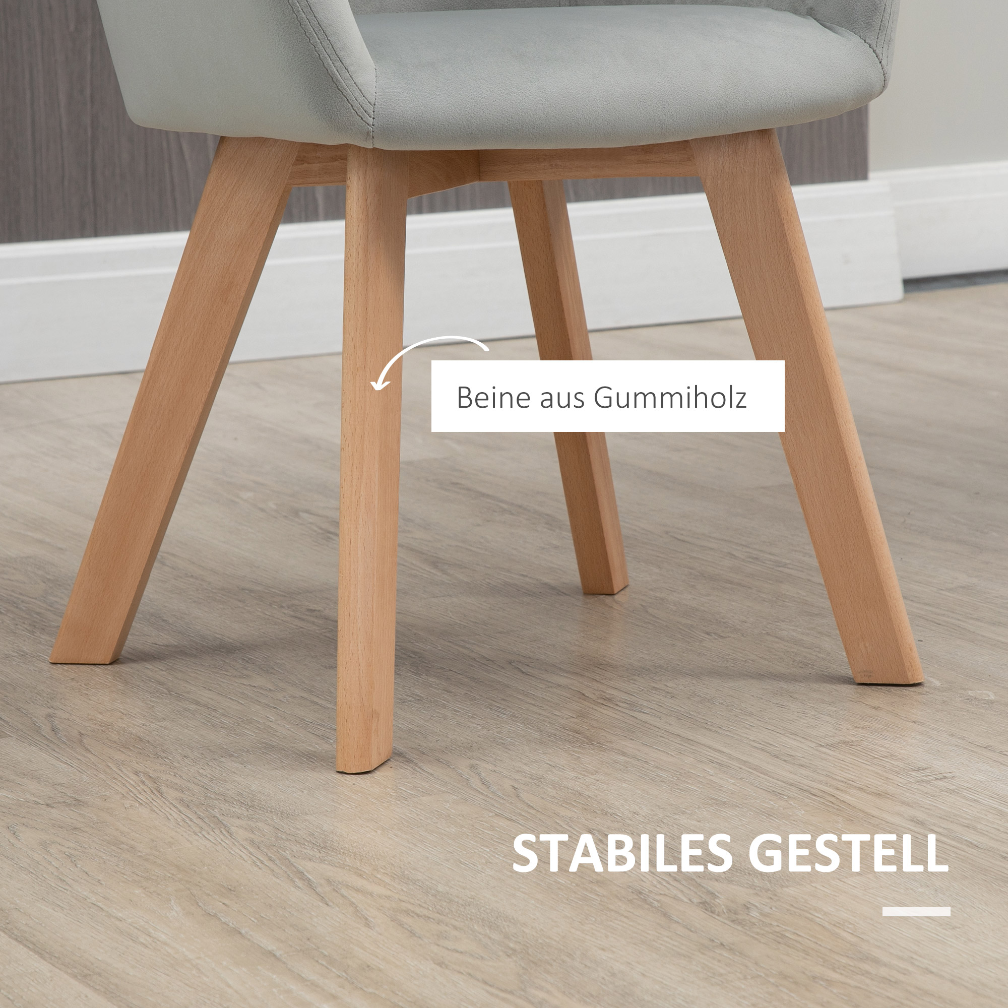 2er-Set Stühle, Esszimmerstühle, Samtoptik, Holzbeine, 54 cm x 57 cm x 80 cm, Grau + Natur
