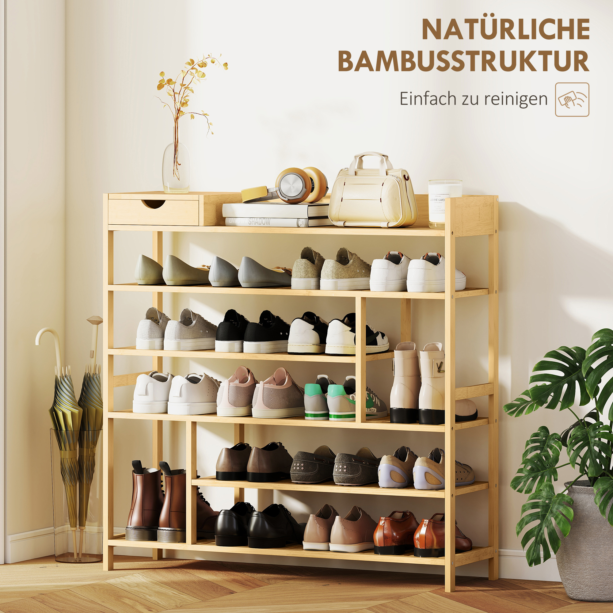 Schuhregal, Schuhständer mit 6 Ebenen, Schublade aus Bambus, für max. 18 Paar Schuhe, Schuhablage für Eingang, Schlafzimmer, 101 x 30 x 100 cm, Natur