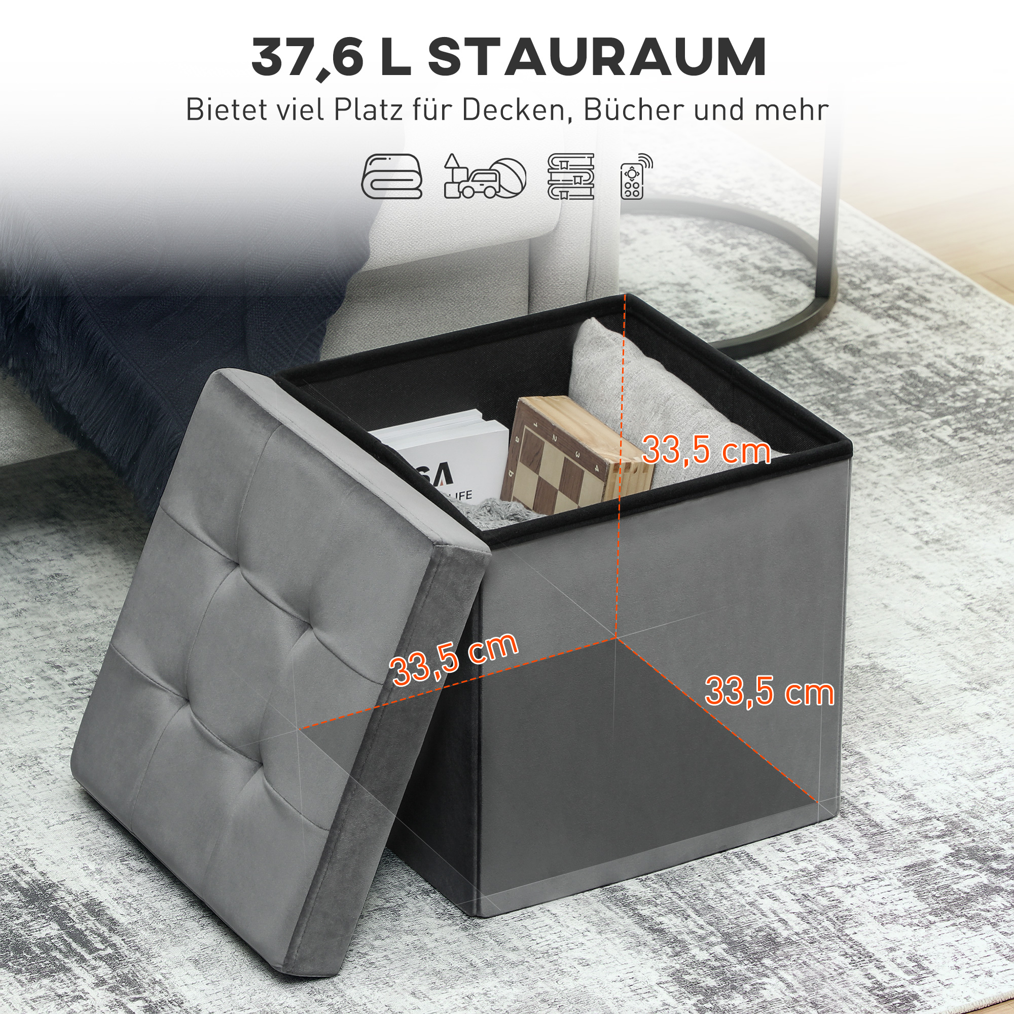 Klappbarer Sitzhocker mit Stauraum, Aufbewahrungsbox, Schaumstoff, MDF, Grau