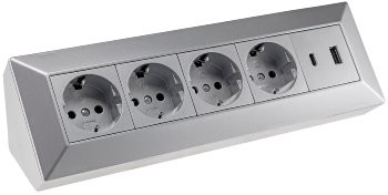 4-fach Steckdosenblock, USB-A+C, silber