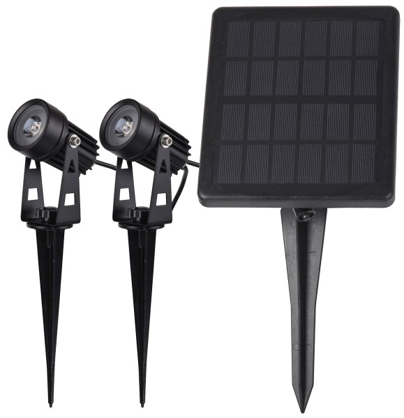 Gartenstrahler Set Solar mit 2 Spots / Solarzelle, Erdspieß, 3000k, IP65