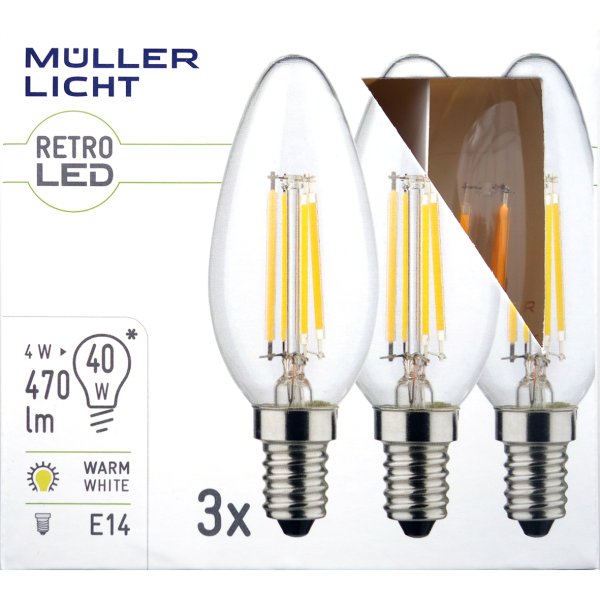 LED Filament Kerzenlampe, E14, 4W, 470lm, 2700K, warmweiß, 3er Set