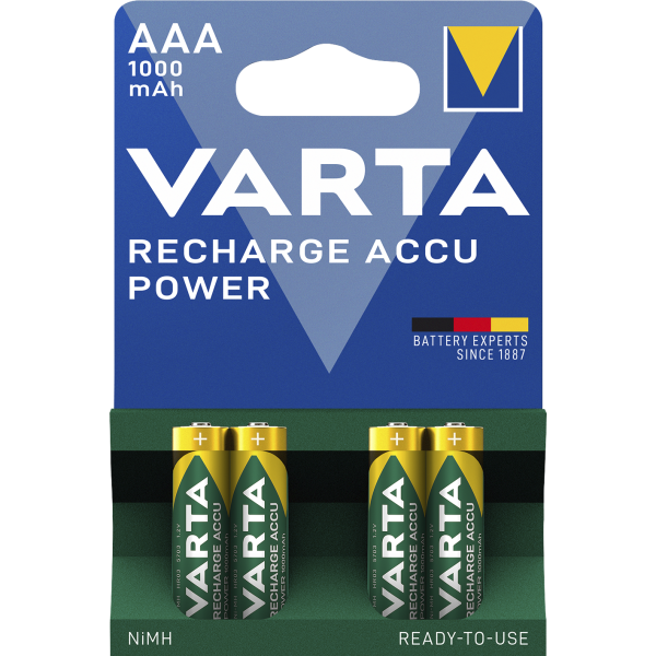 Micro-Akku VARTA, Typ AAA, NiMH-Akku, HR03, 1,2V/1000 mAh, Pre-charged, 4er Pack