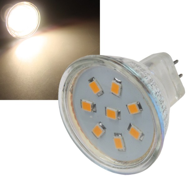 LED Strahler MR11, 8x 2835 SMD LEDs / 12V, 2W, 169 Lumen, 3000k / warmweiß