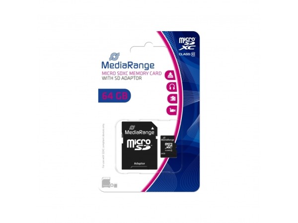 MediaRange MicroSD Card 64GB Cl.10 w/Ada. MR955