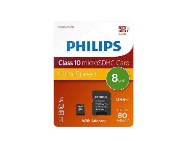 Philips MicroSDHC 8GB CL10 80mb/s UHS-I +Adapter Retail